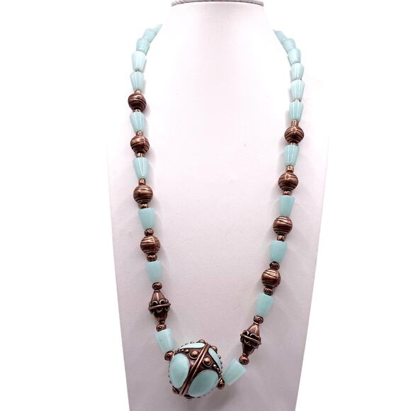 Vntg Handmade Amazonite Gemstones Necklace 18”with Enamel Pendant and Earrings - Picture 1 of 8